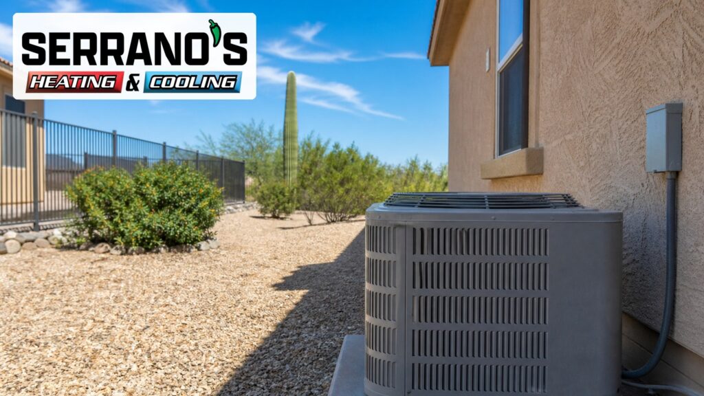 Tucson backyard AC condenser in late-August heat with Serrano's Heating & Cooling logo
