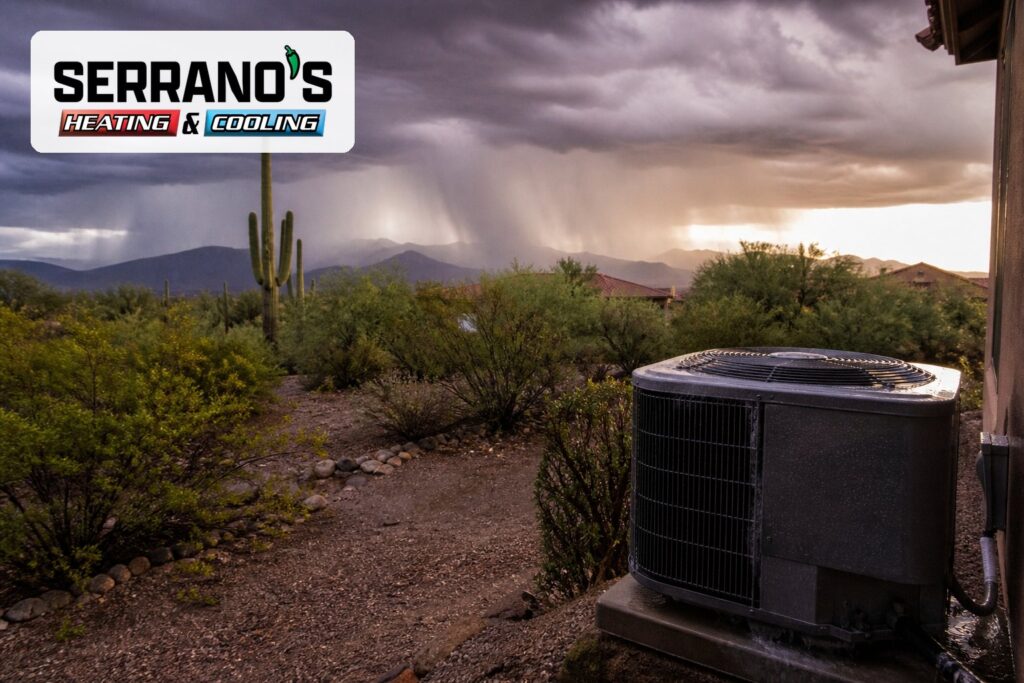 Tucson monsoon sky over a backyard AC condenser with Serrano's Heating & Cooling logo