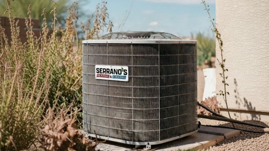 Outdoor AC condenser in Tucson afternoon light with Serrano's Heating & Cooling logo