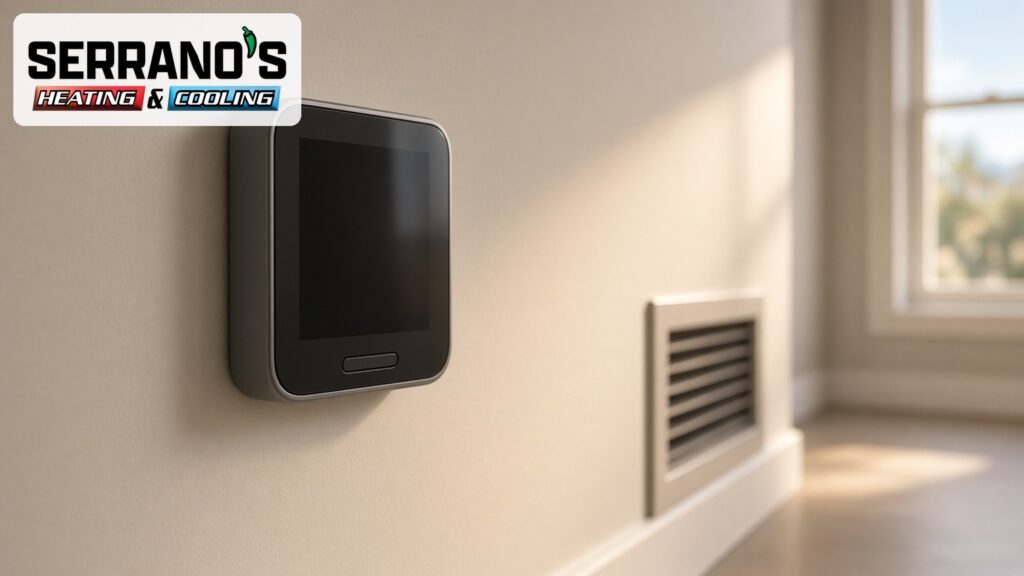 Serrano's Heating & Cooling Tucson thermostat and hallway register for a fall heating check