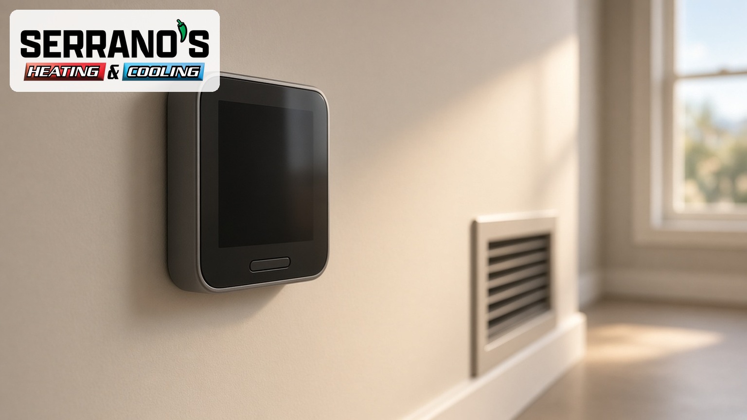 Serrano's Heating & Cooling Tucson thermostat and hallway register for a fall heating check