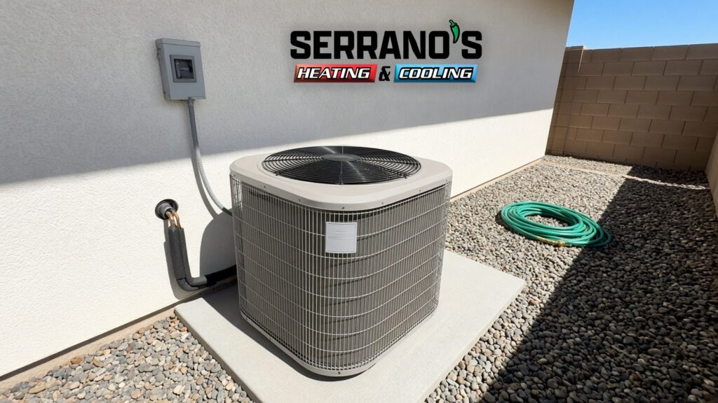 Heat pump outdoor unit on a concrete pad beside a Tucson home, with the line set running into the service valves and the Serrano's Heating & Cooling logo