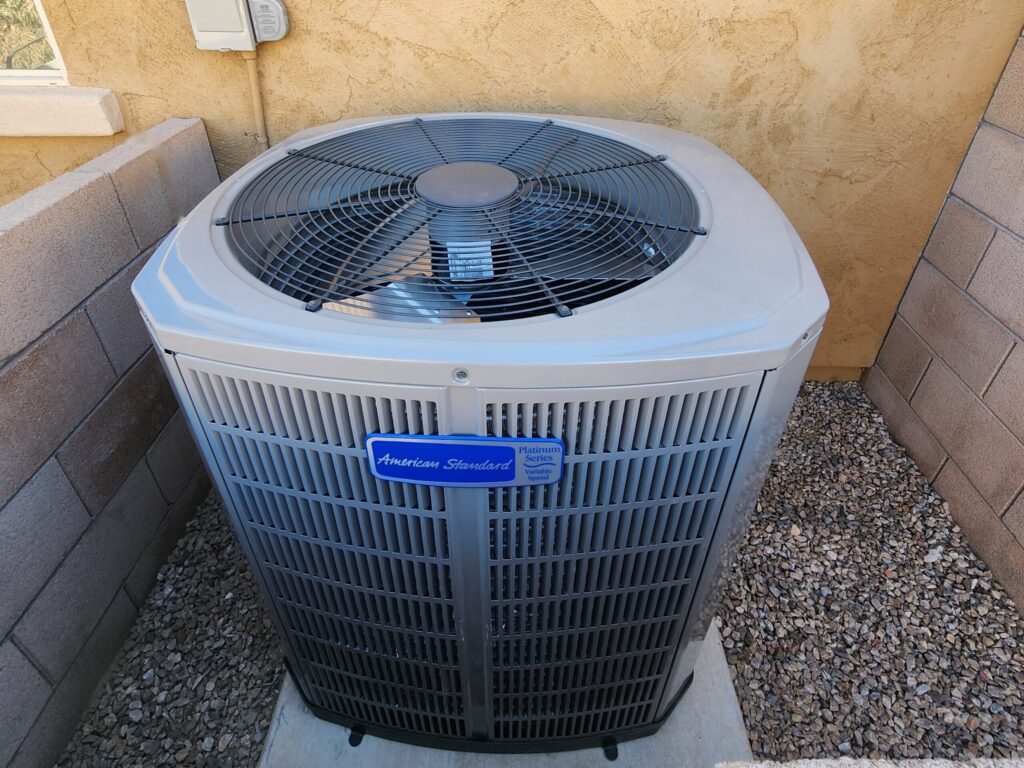 American Standard AC condenser at a Tucson home serviced by Serrano's Heating & Cooling